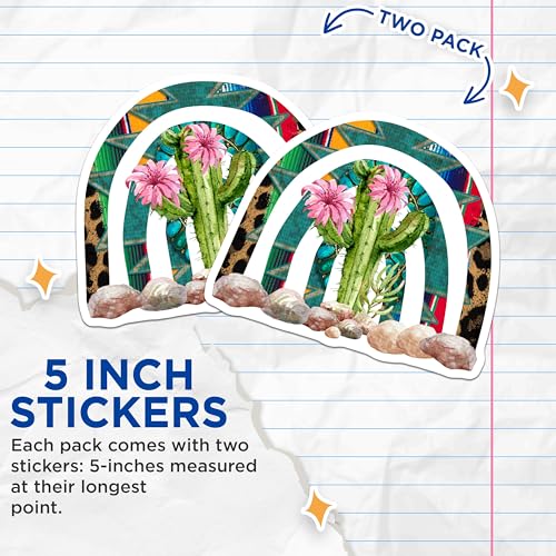(2 Pack) Cactus Rainbow Stickers - Succulent Art - Southwest Desert Vibes Decals - 5" On Longest Side - Sticks to Smooth Flat Surfaces - Made in USA - BMCS6024