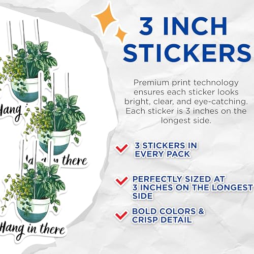 (3 Pack) Hang in There Plant Decals - Inspirational Quote - Houseplant Decals - 3 Inches On Longest Side - Easy Peel & Apply - Made in USA - 3MCS1011