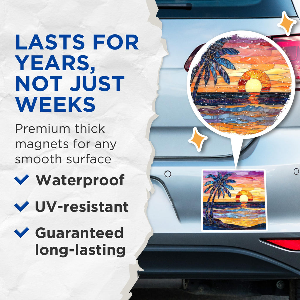 (2 Pack) Tropical Sunset Magnets - Stained Glass Look - Beach Palm Tree Ocean Art - 5 Inches On Longest Side - Thick Durable Magnet - Made in USA - MAG26207