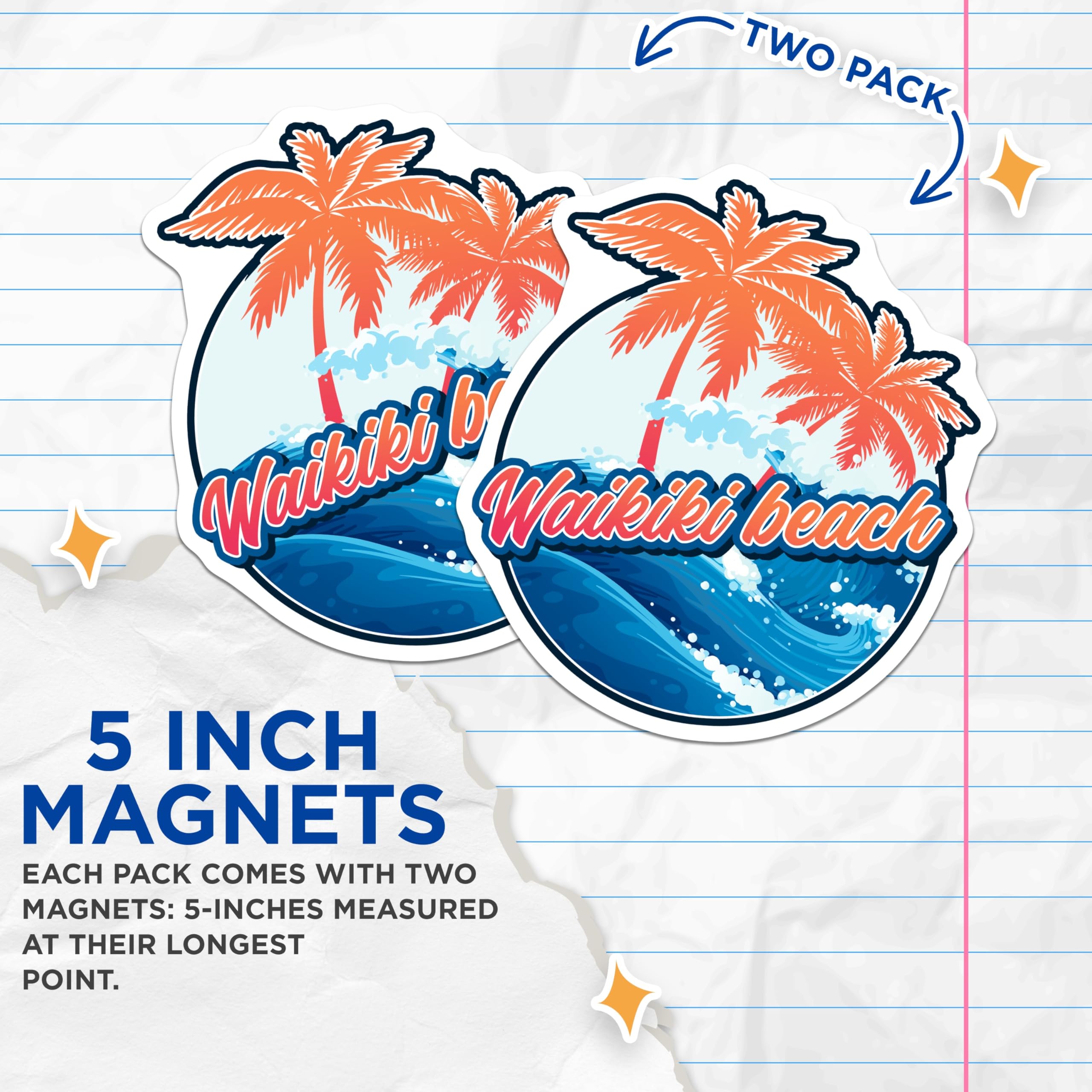 (2 Pack) Waikiki Beach Magnets - Island Getaway - Tropical Magnets for Fridge - 5" On Longest Side - Premium Magnet - for Cars, Refrigerators, Toolboxes, Lockers - Made in USA - MAG17867