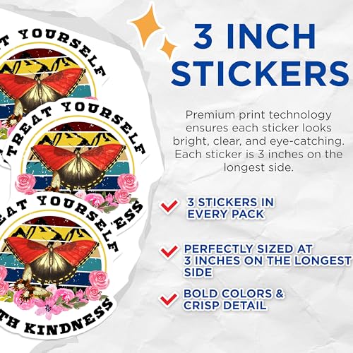 (3 Pack) Butterfly Decals - Treat Yourself - Kind Quote - Laptop Decal - 3 Inches On Longest Side - Easy Peel & Apply - Made in USA - 3MCS4471