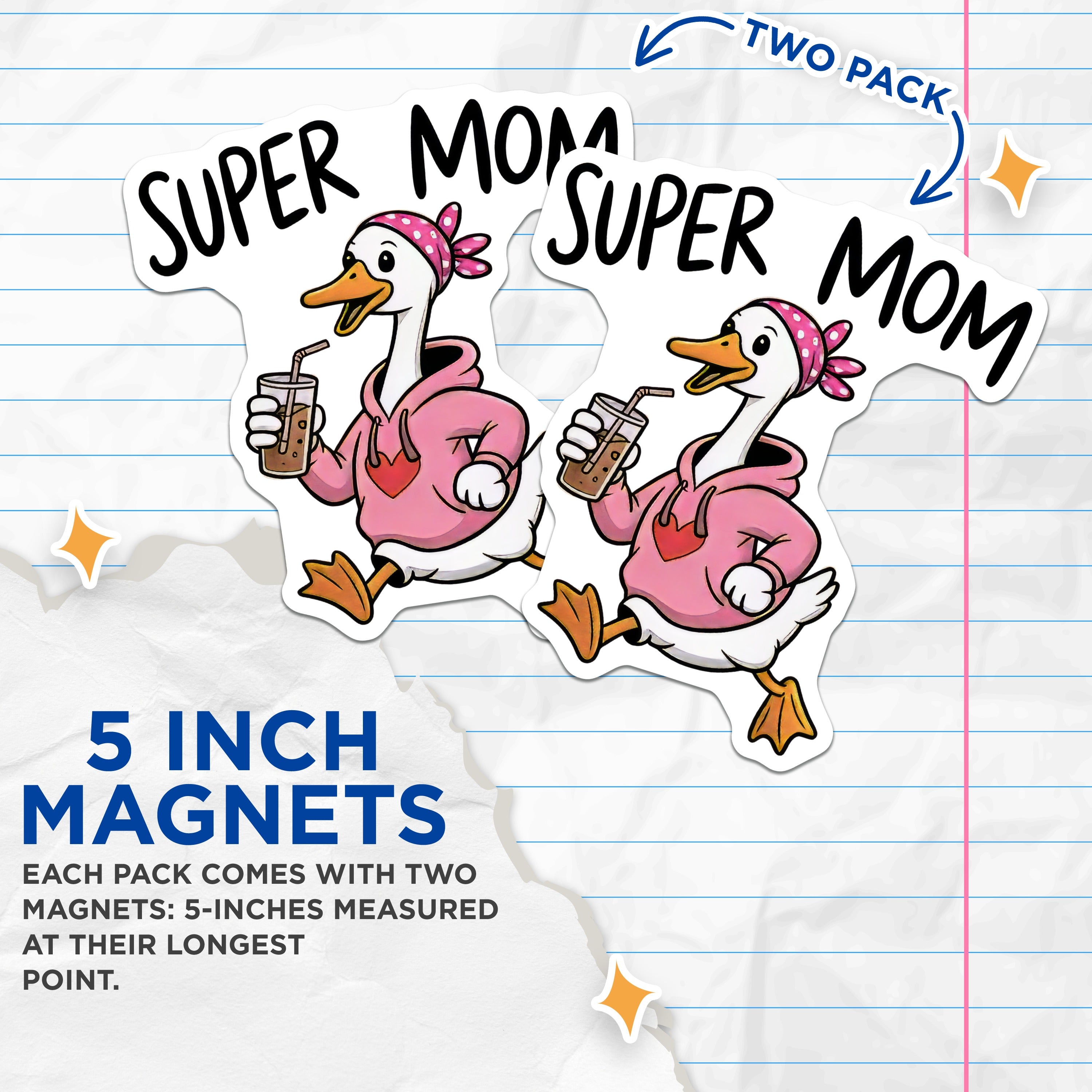 (2 Pack) Super Mom Goose Magnets - Busy Mama Duck Cartoon - Mother's Day Fridge Decor - Fun Mom Appreciation Gift Ideas - 5 Inches On Longest Side - Thick Durable Magnet - Made in USA - MAG37830