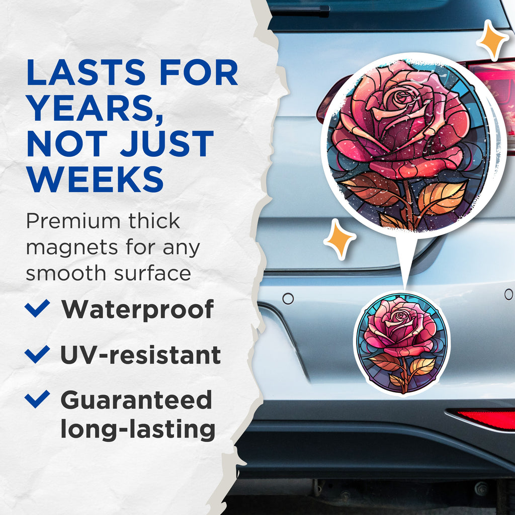 (2 Pack) Stained Glass Rose Magnets - Vibrant Floral Fridge Decor - Art Nouveau Botanical Locker Accessories - 5 Inches On Longest Side - Thick Durable Magnet - Made in USA - MAG38208