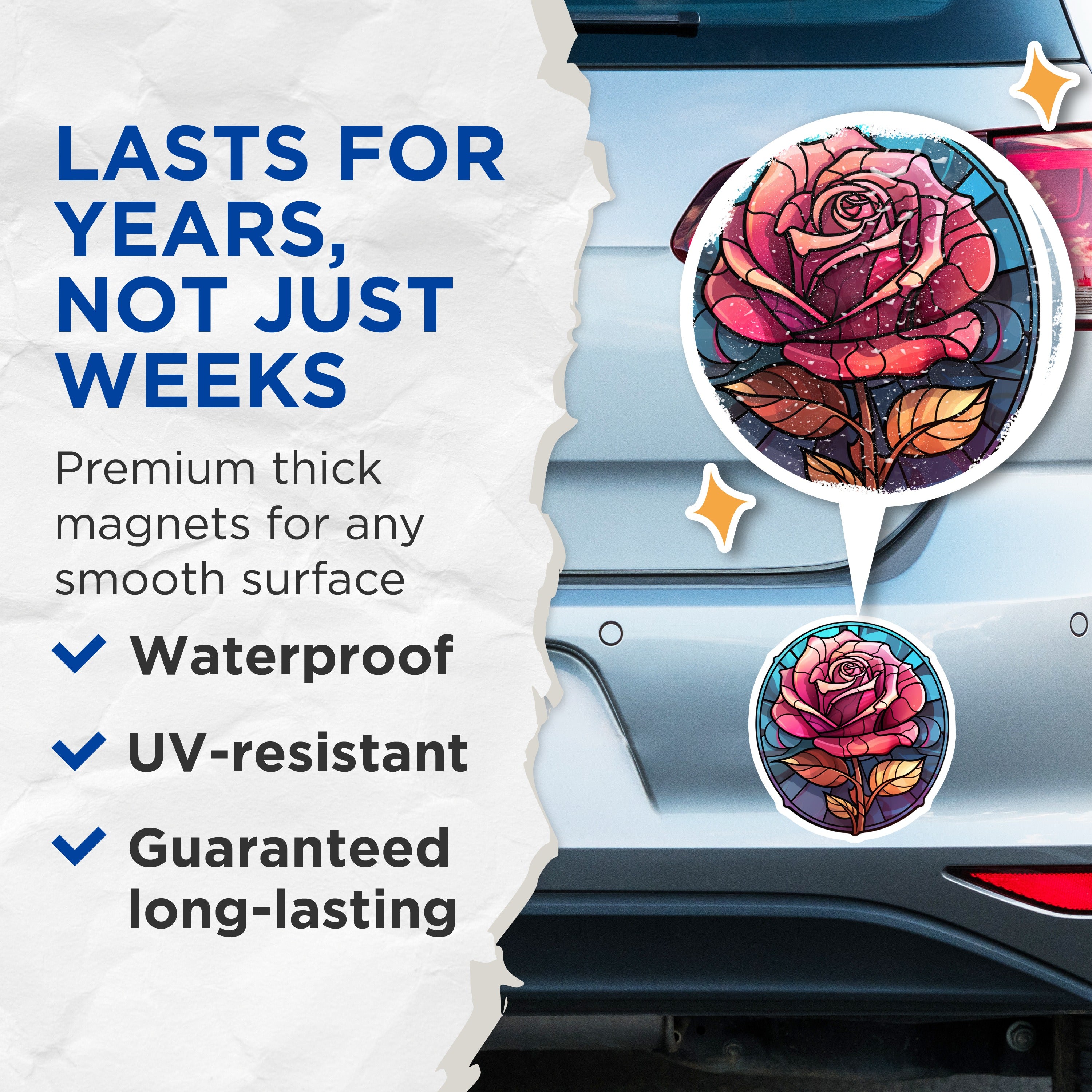 (2 Pack) Stained Glass Rose Magnets - Vibrant Floral Fridge Decor - Art Nouveau Botanical Locker Accessories - 5 Inches On Longest Side - Thick Durable Magnet - Made in USA - MAG38208