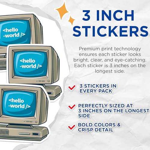 (3 Pack) Hello World Coding Decals - Retro Computer - Programmer Laptop Stickers - 3 Inches On Longest Side - Easy Peel & Apply - Made in USA - 3MCS6184