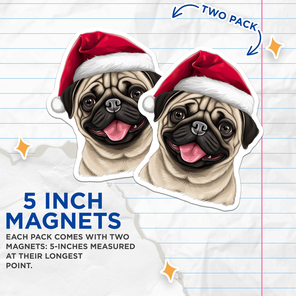 (2 Pack) Santa Pug Magnets - Christmas Dog Refrigerator Decor - Happy Holiday Pet Parent Accessory - 5 Inches On Longest Side - Thick Durable Magnet - Made in USA - MAG28757