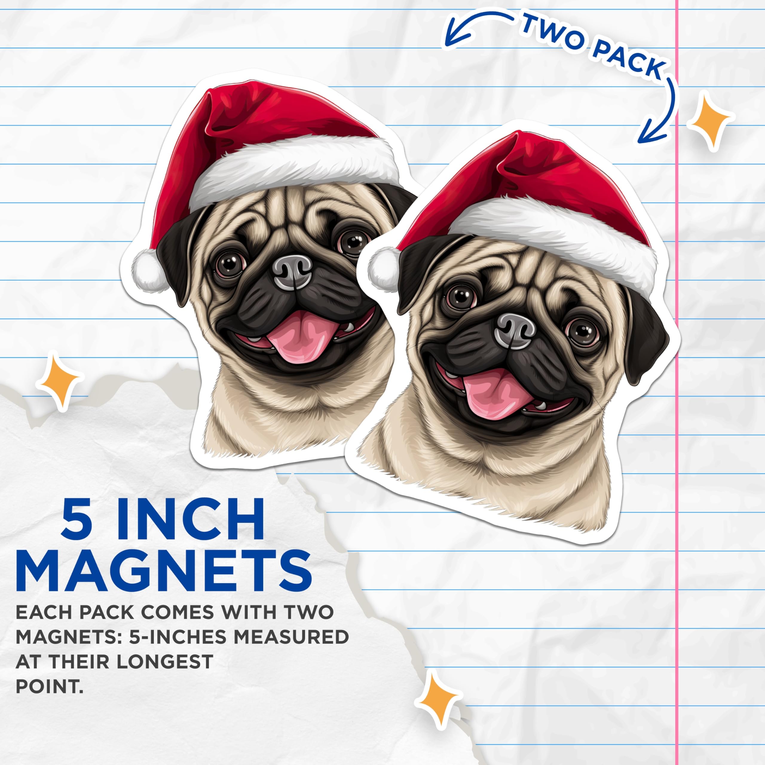 (2 Pack) Santa Pug Magnets - Christmas Dog Refrigerator Decor - Happy Holiday Pet Parent Accessory - 5 Inches On Longest Side - Thick Durable Magnet - Made in USA - MAG28757