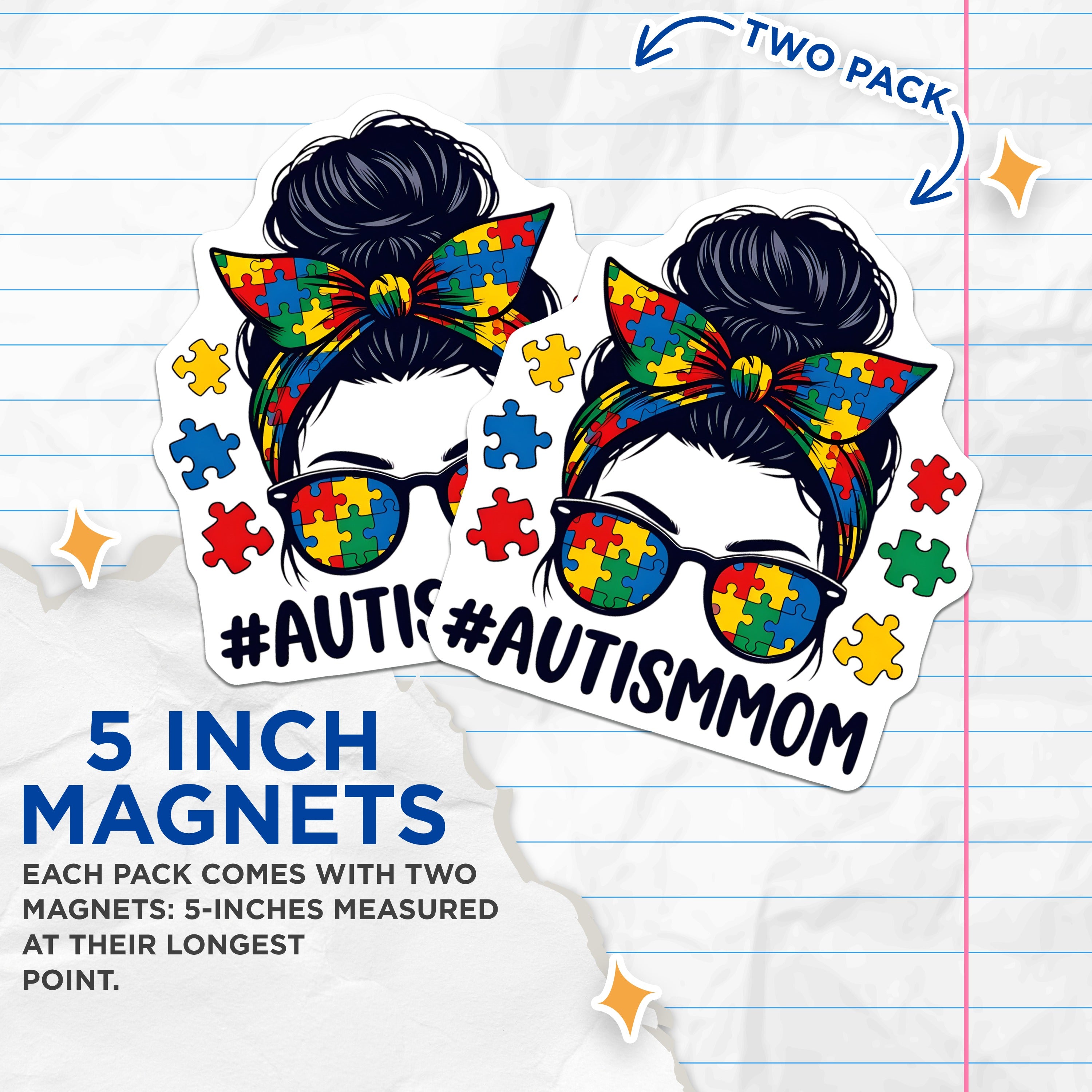 (2 Pack) Autism Mom Magnets - Messy Bun Mama Style - Puzzle Piece Awareness Decor for Refrigerator and Locker - 5 Inches On Longest Side - Thick Durable Magnet - Made in USA - MAG38533
