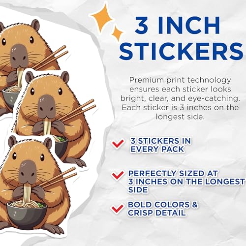 (3 Pack) Capybara Ramen Decals - Cute Animal Sticker - Laptop Decal - Chopsticks Noodle Art - 3 Inches On Longest Side - Easy Peel & Apply - Made in USA - 3MCS8671
