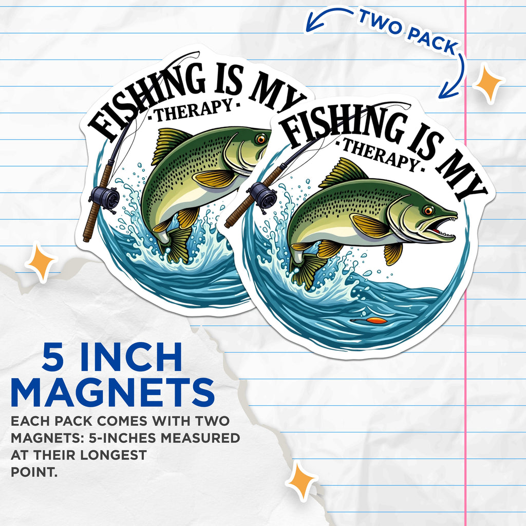 (2 Pack) Fishing is My Therapy Magnets - Fisherman Refrigerator Decor - Angler Locker Magnet - 5 Inches On Longest Side - Thick Durable Magnet - Made in USA - MAG37318