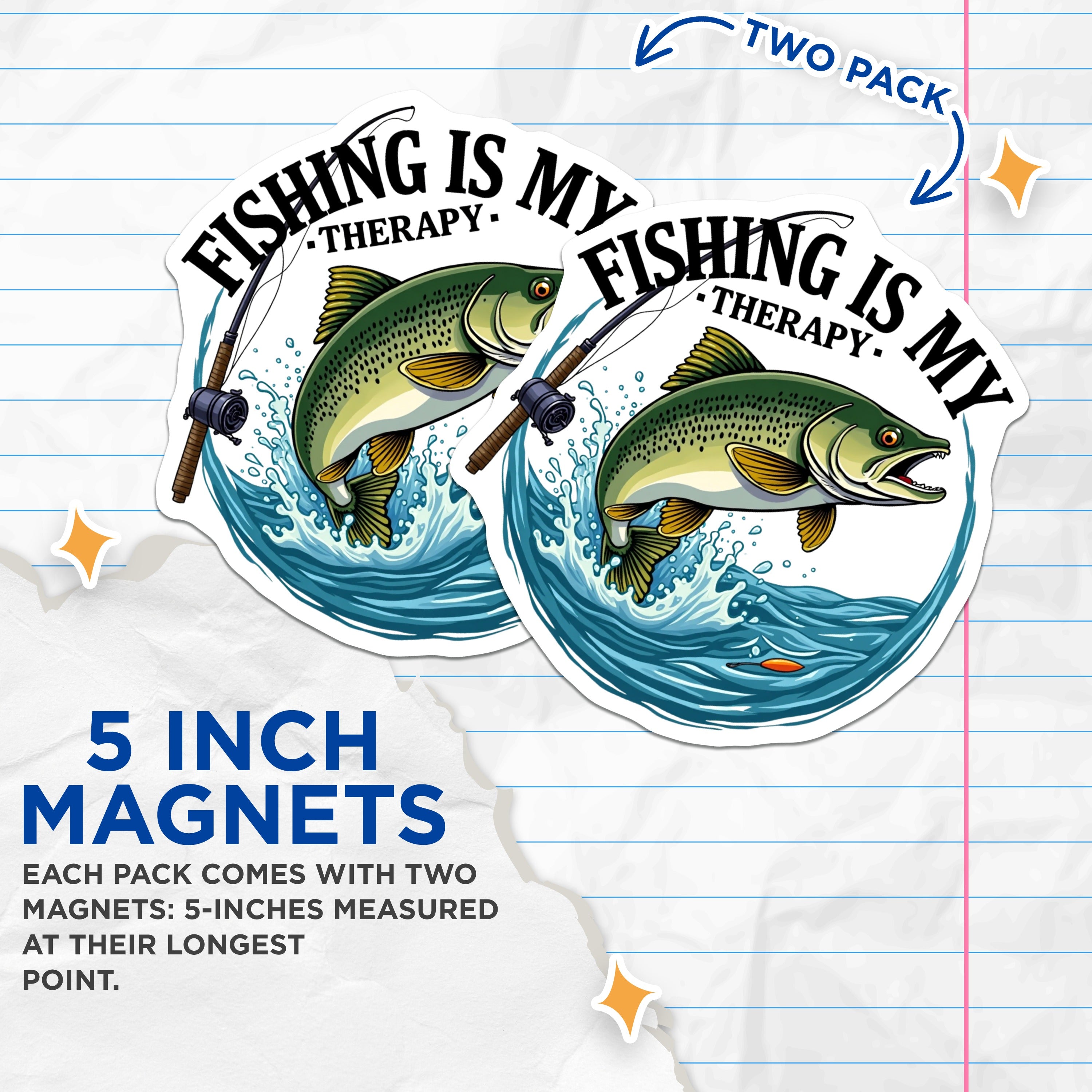 (2 Pack) Fishing is My Therapy Magnets - Fisherman Refrigerator Decor - Angler Locker Magnet - 5 Inches On Longest Side - Thick Durable Magnet - Made in USA - MAG37318