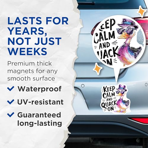 (2 Pack) Keep Calm and Quack On Magnets Magnets - Funny Duck Magnet - Cool Duck Wearing Glasses and Hat Magnet - 5" On Longest Side - Made in USA - Sticks to Refrigerators & Metal Surfaces - MAG8496