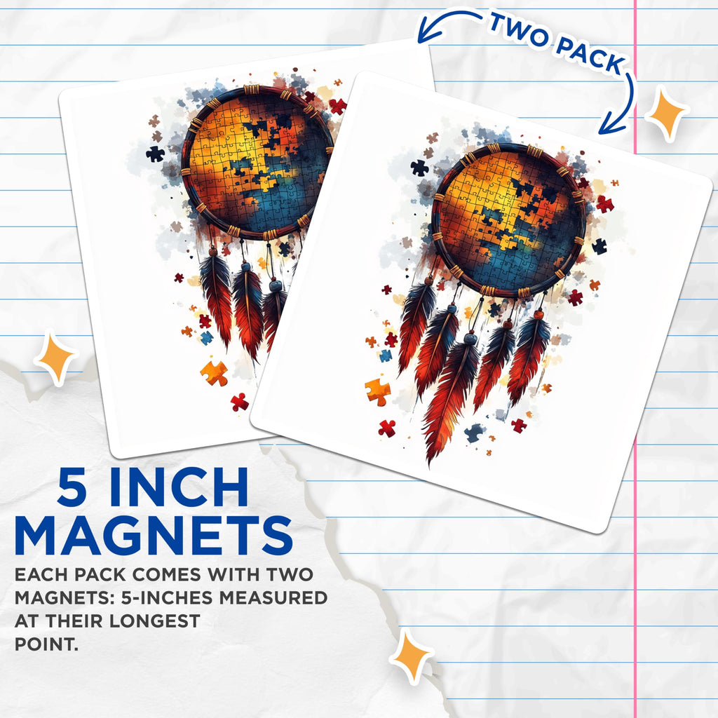 (2 Pack) Puzzle Piece Dreamcatcher Magnets - Autism Awareness Symbol - Boho Inclusion Art - 5 Inches On Longest Side - Thick Durable Magnet - Made in USA - MAG30966