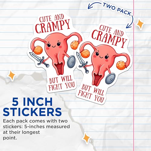 (2 Pack) Cute and Crampy Stickers - Uterus Illustration - Feminist Humor Stickers - 5" On Longest Side - Sticks to Smooth Flat Surfaces - Made in USA - BMCS9673