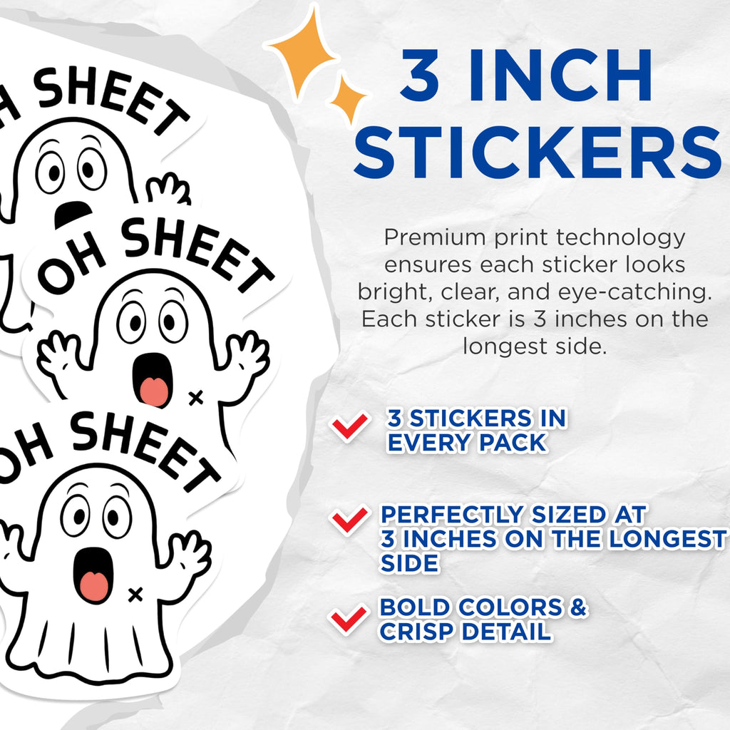 (3 Pack) Funny Ghost Decals - Oh Sheet - Spooky Season Laptop Decal - 3 Inches On Longest Side - Easy Peel & Apply - Made in USA - 3MCS1179