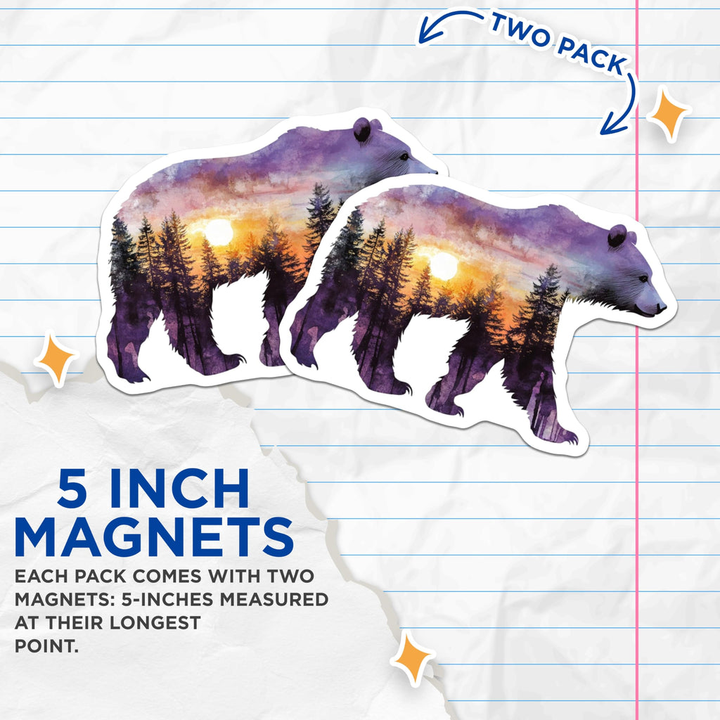 (2 Pack) Bear Sunset Magnets - Nature Scene - Cabin Decor - 5" On Longest Side - Premium Magnet - for Cars, Refrigerators, Toolboxes, Lockers - Made in USA - MAG15541