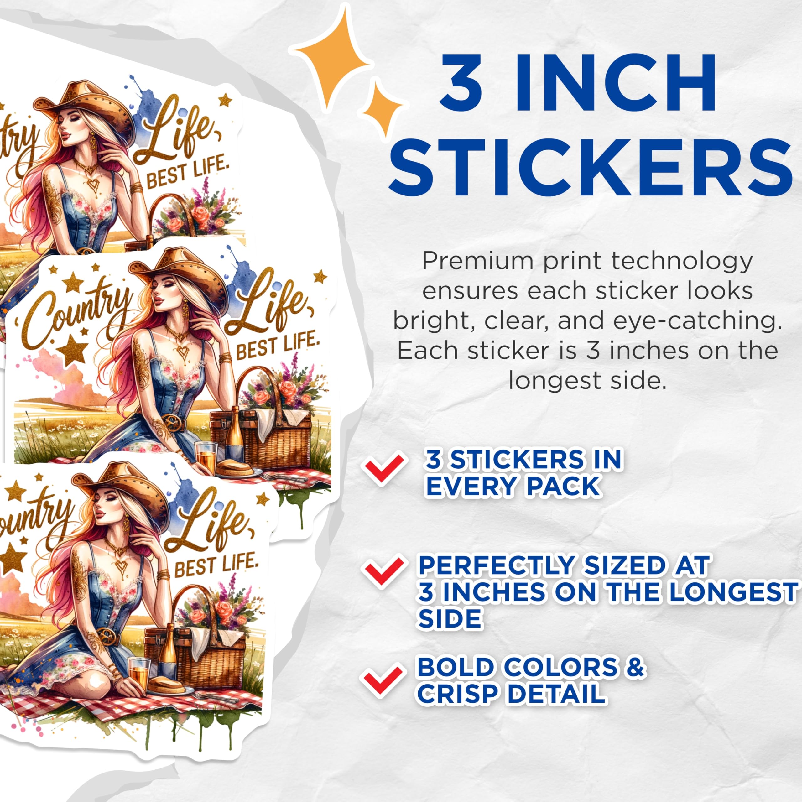 (3 Pack) Country Life Decals - Cowgirl Picnic - Western Laptop Decal- 3 Inches On Longest Side - Easy Peel & Apply - Made in USA - 3MCS5346