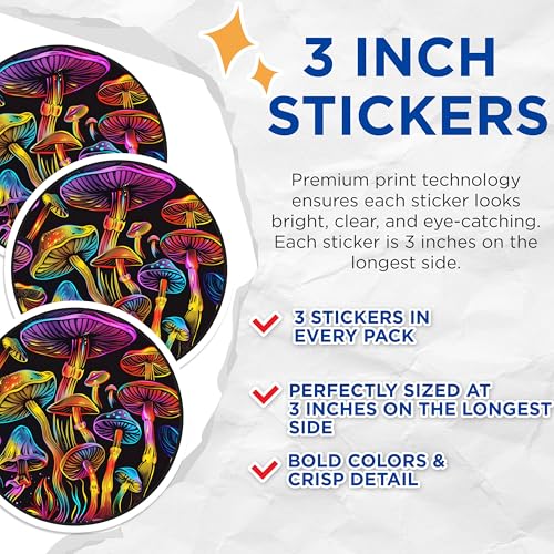 (3 Pack) Mushroom Decals - Psychedelic Art Stickers - Laptop Decals - 3 Inches On Longest Side - Easy Peel & Apply - Made in USA - 3MCS6016
