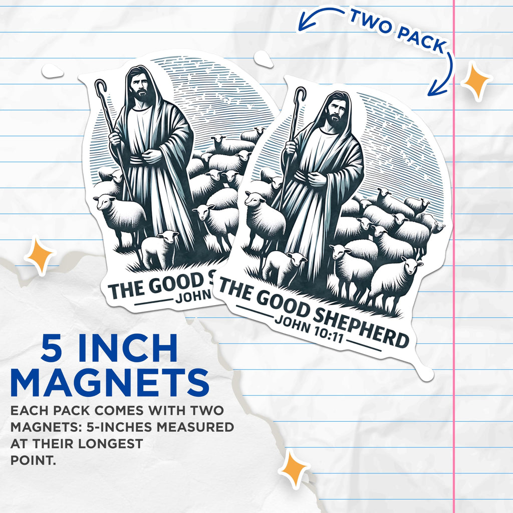 (2 Pack) Good Shepherd Jesus Magnets - Religious Home Decor - John 10:11 Scripture - 5 Inches On Longest Side - Thick Durable Magnet - Made in USA - MAG29669