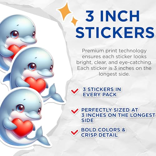 (3 Pack) Dolphin Decals - Cute Animal Stickers - Heart Decal - Laptop Decal - 3 Inches On Longest Side - Easy Peel & Apply - Made in USA - 3MCS2410