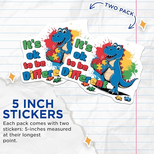 (2 Pack) Dinosaur Autism Awareness Stickers - It's Ok to Be Different - Cute Dino Puzzle Piece Stickers - 5" On Longest Side - Sticks to Smooth Flat Surfaces - Made in USA - BMCS9693