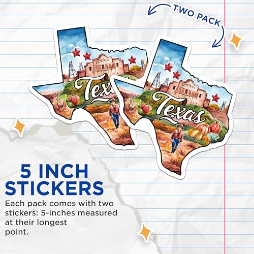 (2 Pack) Texas State Stickers - Decorative Vinyl Decal - Texas Art Stickers for Laptop - 5" On Longest Side - Sticks to Smooth Flat Surfaces - Made in USA - BMCS6291