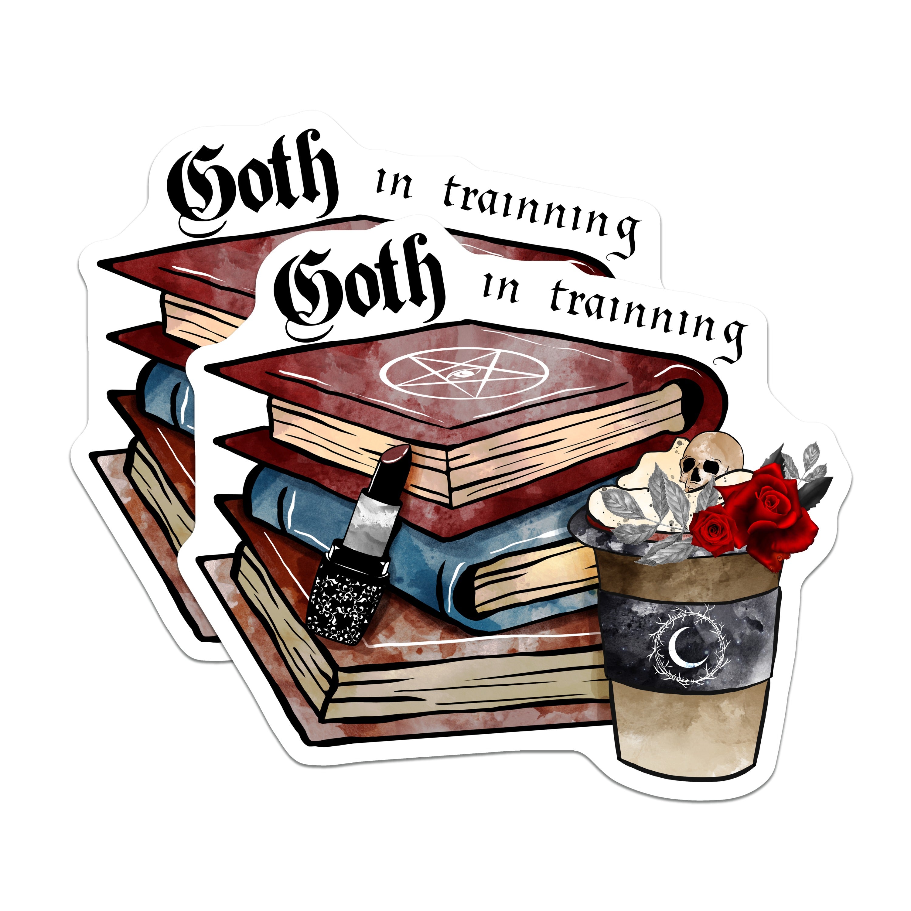 (2 Pack) Goth in Training Magnets - Dark Academia Decor - Witchy Coffee Cup Skull Locker Magnets - 5 Inches On Longest Side - Thick Durable Magnet - Made in USA - MAG39707