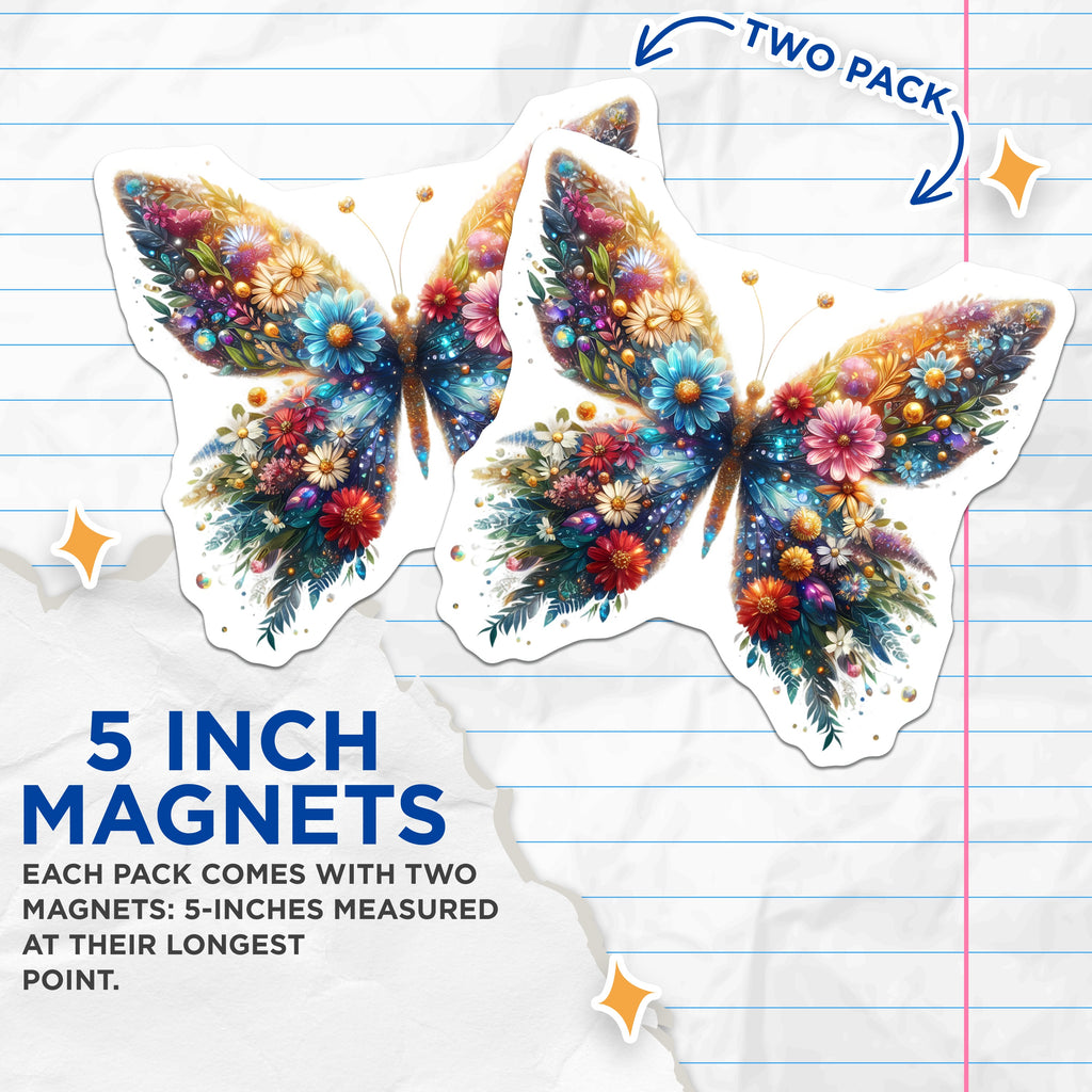 (2 Pack) Whimsical Floral Butterfly Magnets - Nature Inspired Art - Refrigerator Aesthetic Decor - 5 Inches On Longest Side - Thick Durable Magnet - Made in USA - MAG39927
