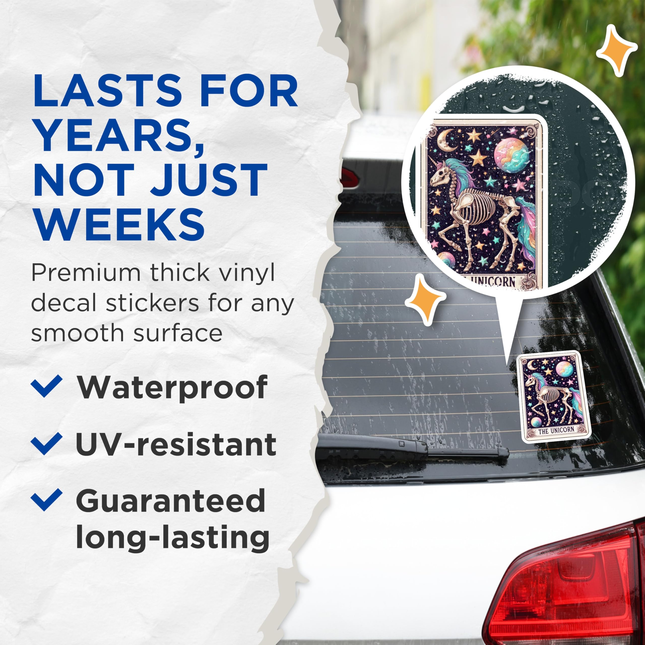 (2 Pack) Unicorn Skeleton Stickers - Tarot Card Art - Cosmic Stars Moon Magic - 5" On Longest Side - Sticks to Smooth Flat Surfaces - Made in USA - BMCS20584
