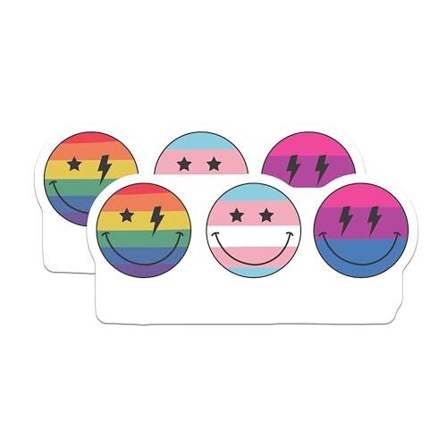 (2 Pack) Rainbow Lightning Bolt Smile Stickers - Trans Pride Star Eyes Sticker - Bi Pride Lightning Bolt Smile - 5" On Longest Side - Sticks to Smooth Flat Surfaces - Made in USA - BMCS6563