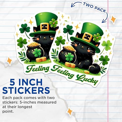 (2 Pack) Feeling Lucky Cat Stickers - Cute Black Cat - St Patrick's Day - Clover - 5" On Longest Side - Sticks to Smooth Flat Surfaces - Made in USA - BMCS8107