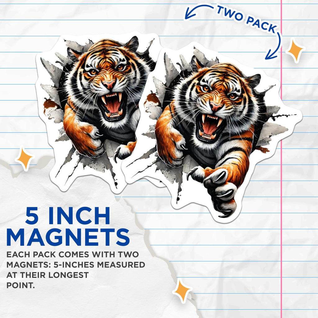 (2 Pack) Roaring Tiger Magnets - Animal Burst Art - Wild Cat Fridge Decor - 5 Inches On Longest Side - Thick Durable Magnet - Made in USA - MAG22071