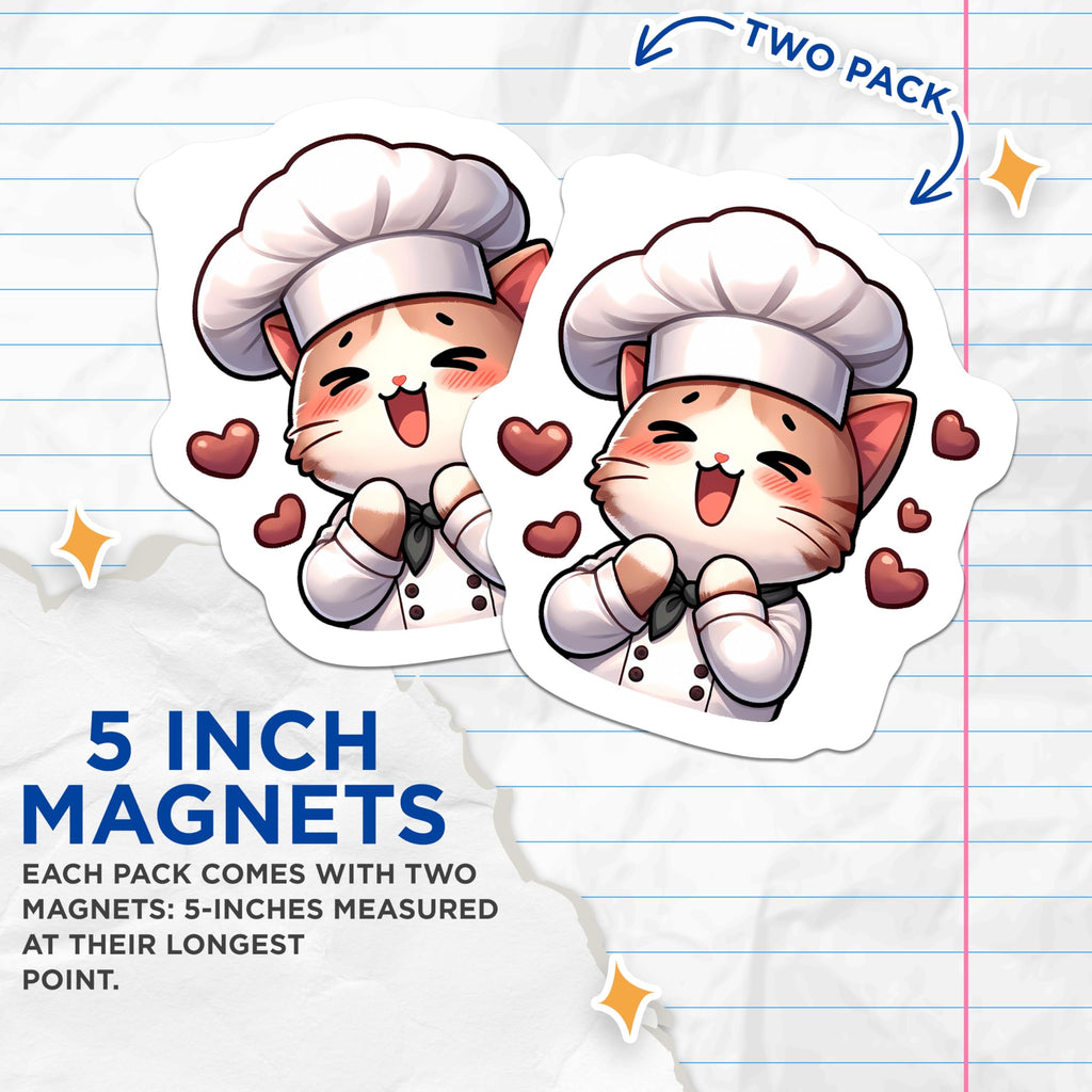 (2 Pack) Cat Chef Magnets - Cute Kitty Kitchen Decor - Culinary Feline Appliance Art - 5 Inches On Longest Side - Thick Durable Magnet - Made in USA - MAG22195
