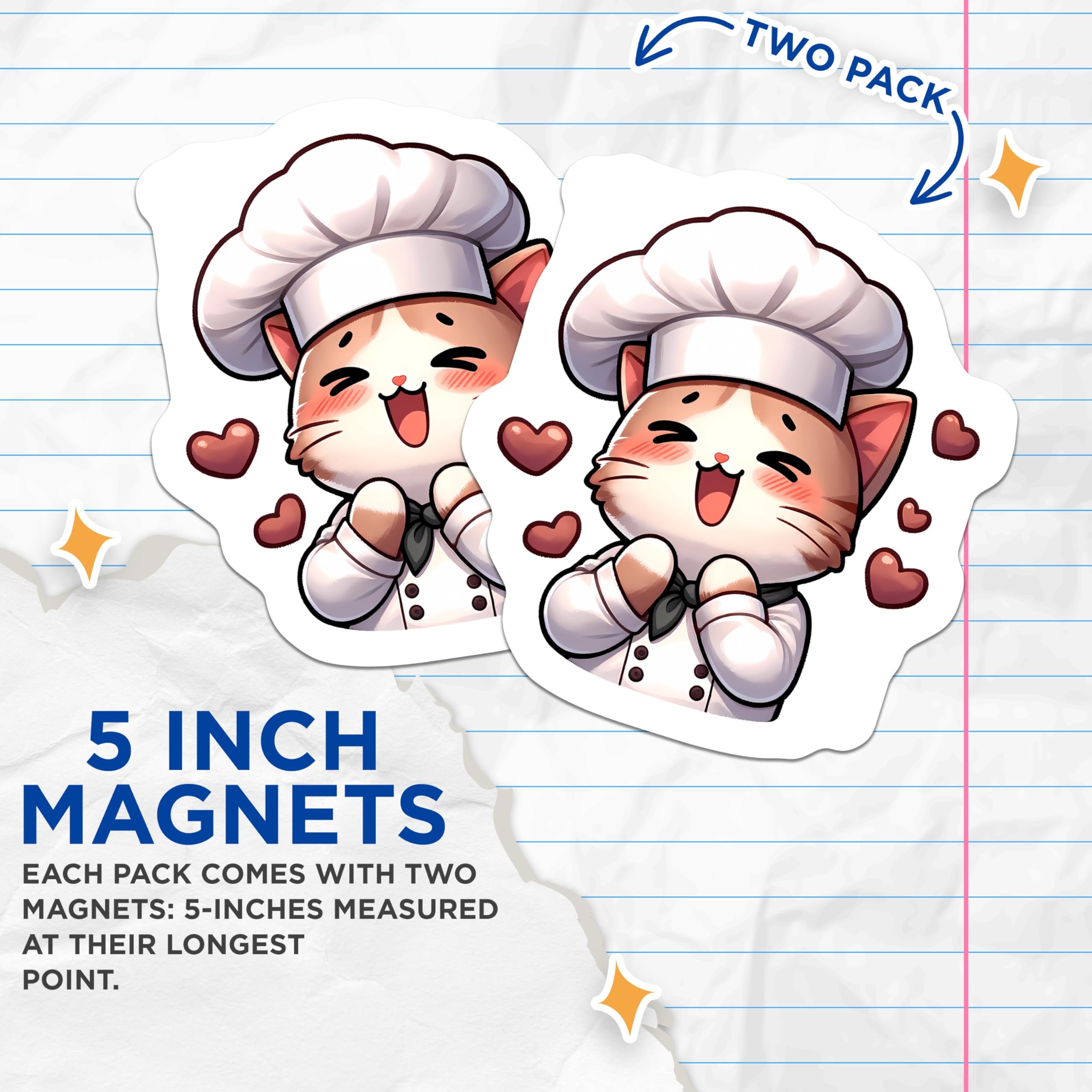 (2 Pack) Cat Chef Magnets - Cute Kitty Kitchen Decor - Culinary Feline Appliance Art - 5 Inches On Longest Side - Thick Durable Magnet - Made in USA - MAG22195