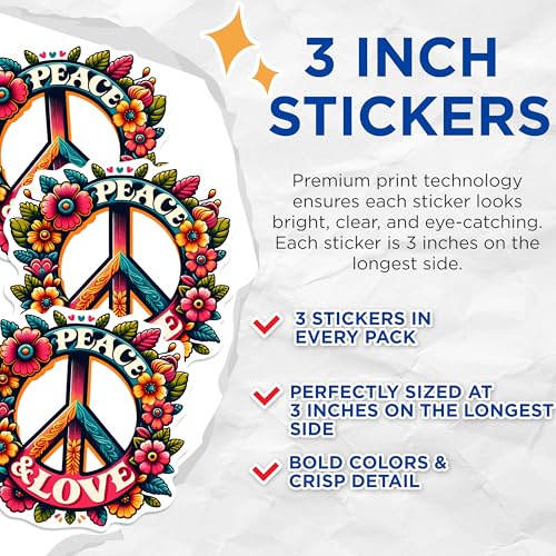 (3 Pack) Peace and Love Decals - Floral Peace Sign - Hippie Laptop Decal - 3 Inches On Longest Side - Easy Peel & Apply - Made in USA - 3MCS0583