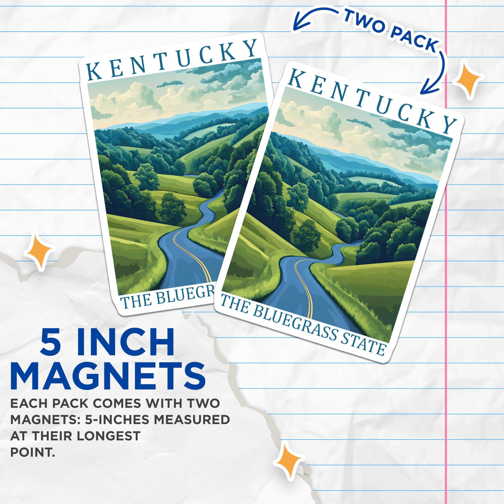 (2 Pack) Kentucky Bluegrass State Magnets - Scenic Countryside Road View - Travel Souvenir Collector Item - 5 Inches On Longest Side - Thick Durable Magnet - Made in USA - MAG19235