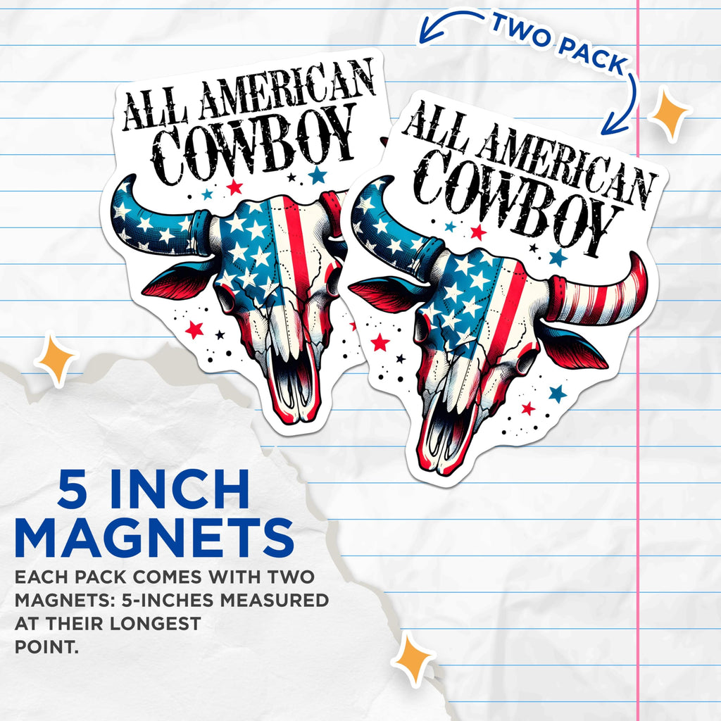 (2 Pack) All American Cowboy Magnets - Patriotic Skull Magnets - Western Theme Decor Magnets - 5" On Longest Side - for Cars, Refrigerators, Toolboxes, Lockers - Made in USA BMCS3160