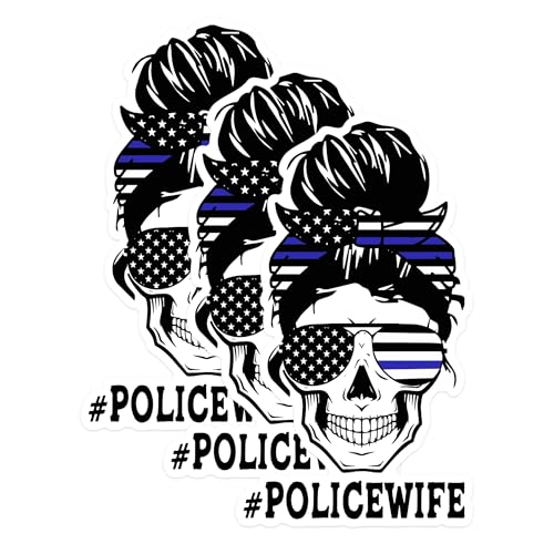 (3 Pack) Police Wife Decals - Thin Blue Line - Skull Decals - American Flag Sunglasses - 3 Inches On Longest Side - Easy Peel & Apply - Made in USA - 3MCS1381