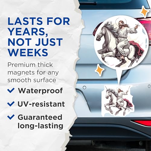 (2 Pack) Jesus Riding Unicorn Magnets - Fantasy Art Magnets - Religious Theme Magnets - Inspirational Magnets - 5" On Longest Side - for Cars, Refrigerators, Toolboxes, Lockers - Made in USA BMCS3058