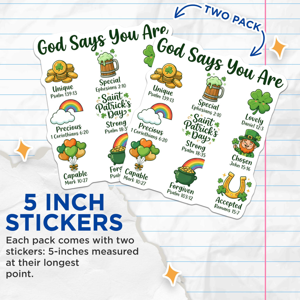 (2 Pack) Saint Patricks Day Stickers - Religious Irish - Christian Leprechaun Art- 5" On Longest Side - Sticks to Smooth Flat Surfaces - Made in USA - BMCS16928