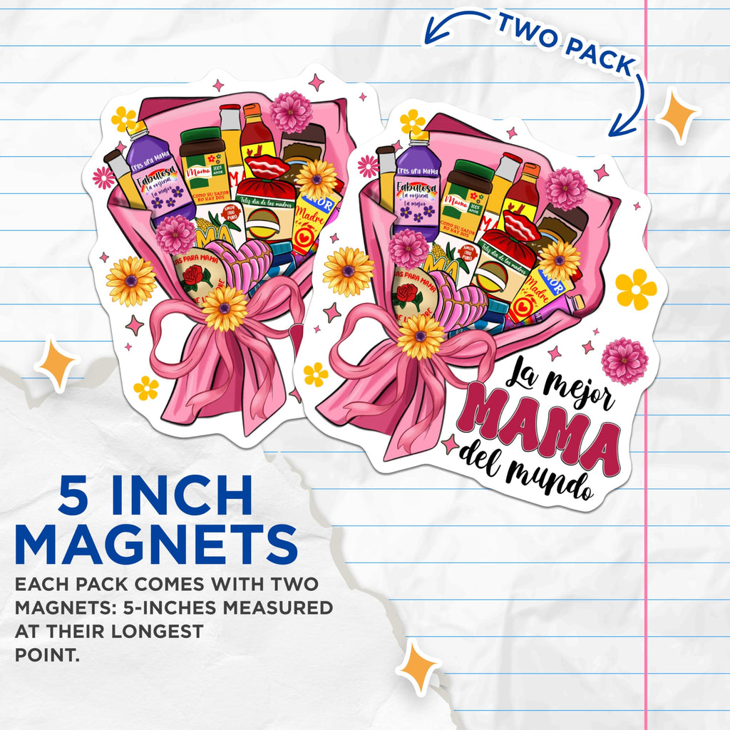 (2 Pack) Mama Magnets - Latina Mom Gift - Feliz Dia Madres Decor - Best Mama Del Mundo - Spanish Mother Appreciation - 5 Inches On Longest Side - Thick Durable Magnet - Made in USA - MAG27479