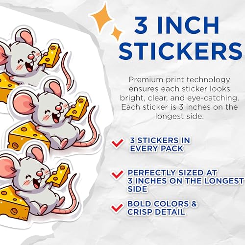 (3 Pack) Cartoon Mouse Decals - Cheese Lover Art - Cute Laptop Decal - 3 Inches On Longest Side - Easy Peel & Apply - Made in USA - 3MCS0995