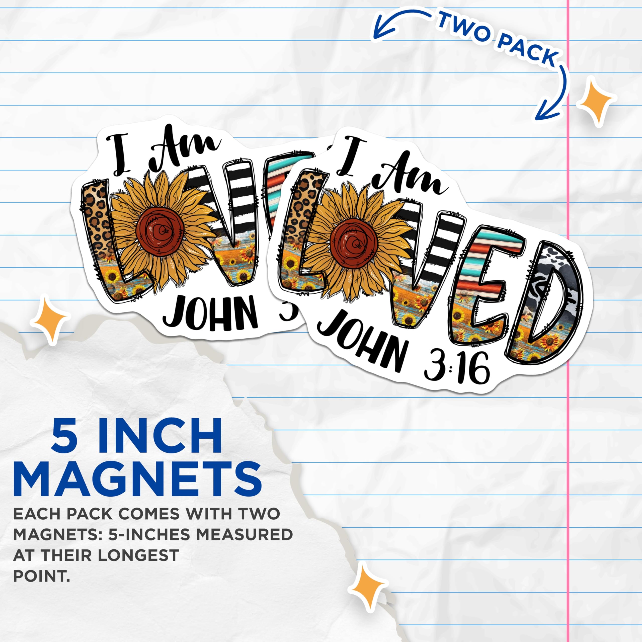 (2 Pack) I Am Loved John 3:16 Magnets - Christian Faith Decor - Sunflower Boho Farmhouse Inspirational Bible Verse Magnets - 5 Inches On Longest Side - Thick Durable Magnet - Made in USA - MAG26453
