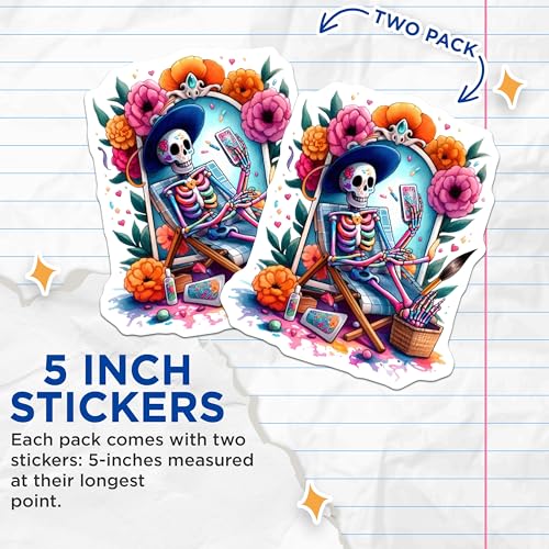 (2 Pack) Day of The Dead Skulls Stickers - Mexican Festival Art - Colorful Skeleton Decor - 5" On Longest Side - Sticks to Smooth Flat Surfaces - Made in USA - BMCS9422
