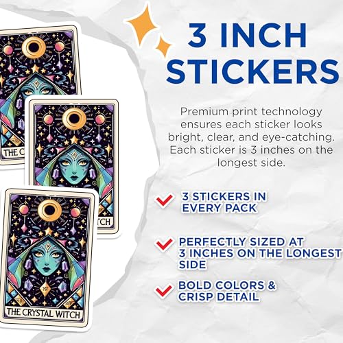 (3 Pack) Crystal Witch Decals - Tarot Card Sticker - Laptop Stickers - 3 Inches On Longest Side - Easy Peel & Apply - Made in USA - 3MCS4144