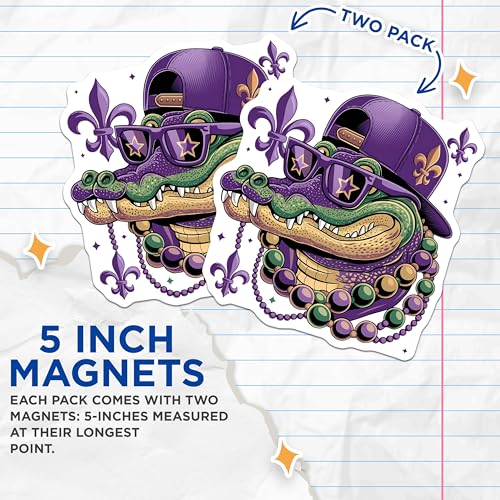 (2 Pack) Alligator New Orleans Magnets - Mardi Gras - Festive Gator - Party ations - Cool Alligator Magnets - 5" On Longest Side - for Cars, Fridges, Toolboxes - Made in USA - MAG4135