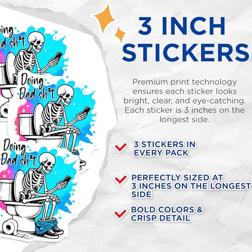 (3 Pack) Skeleton on Toilet Decals - Dad Humor Stickers - Funny Bathroom Decor - 3 Inches On Longest Side - Easy Peel & Apply - Made in USA - 3MCS6224