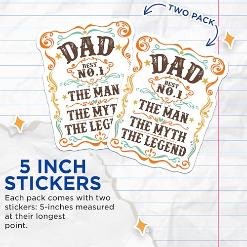 (2 Pack) Dad Stickers Ã¢â‚¬â€œ The Man The Myth The Legend - No. 1 Dad Sticker Decals - 5" On Longest Side - Sticks to Smooth Flat Surfaces - Made in USA - BMCS6014