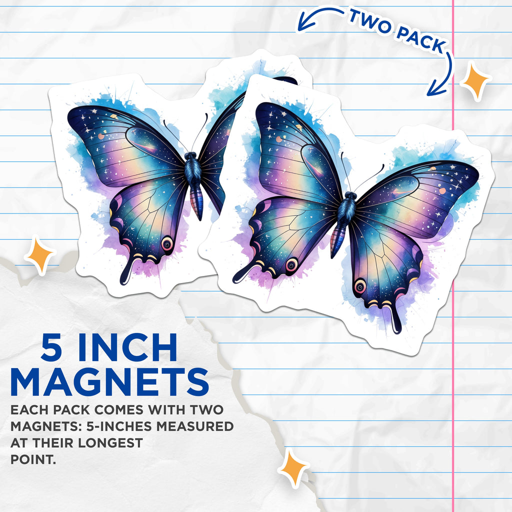 (2 Pack) Galaxy Butterfly Magnets - Celestial Watercolor Decor - Whimsical Fridge Locker Art - 5 Inches On Longest Side - Thick Durable Magnet - Made in USA - MAG38158