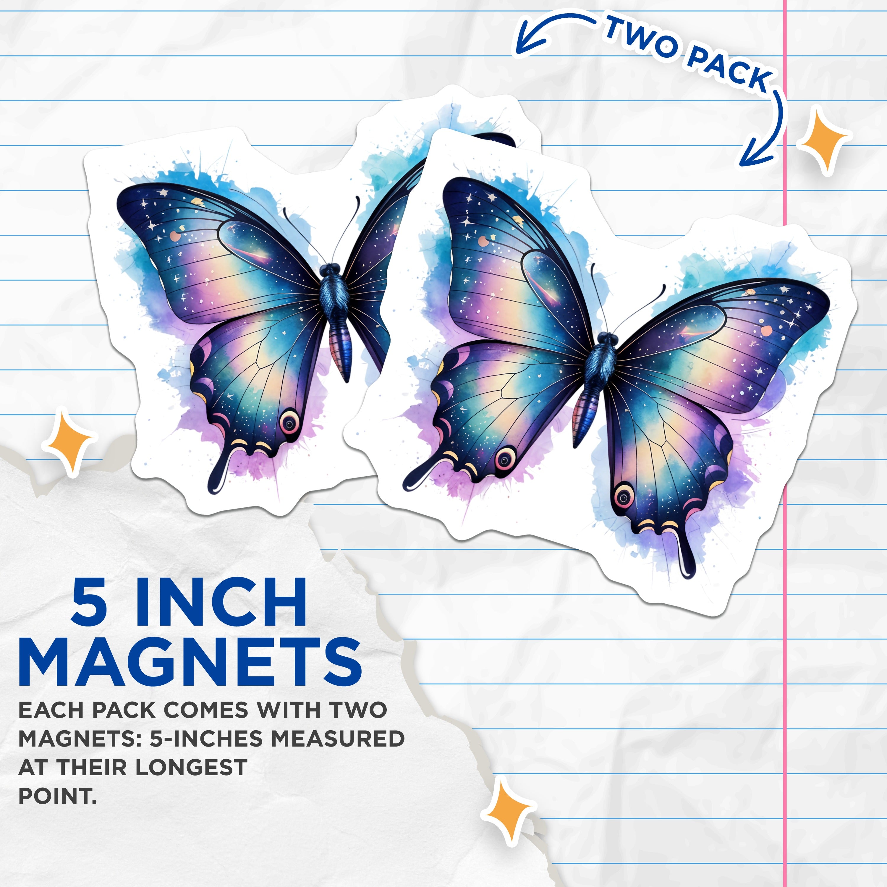 (2 Pack) Galaxy Butterfly Magnets - Celestial Watercolor Decor - Whimsical Fridge Locker Art - 5 Inches On Longest Side - Thick Durable Magnet - Made in USA - MAG38158